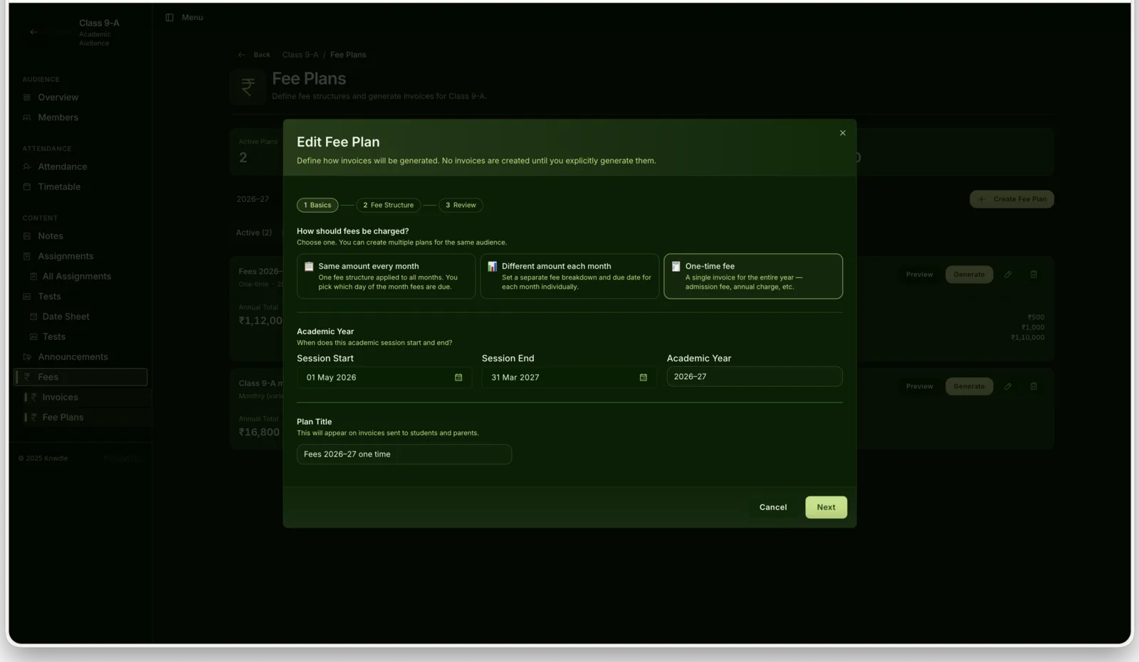 Knwdle fee plan — no invoices created until you explicitly generate them