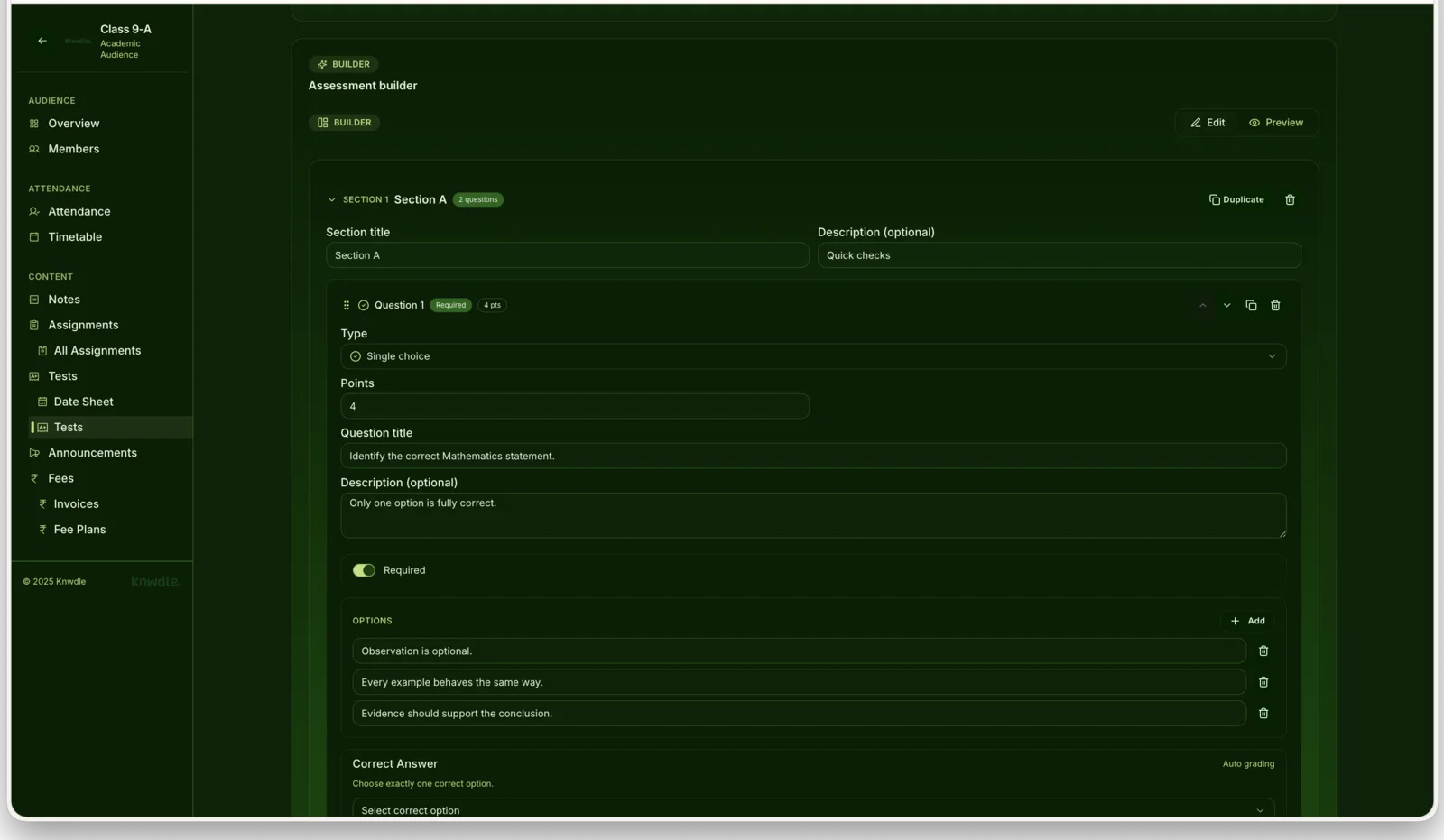 Knwdle assessment builder — sectioned test form