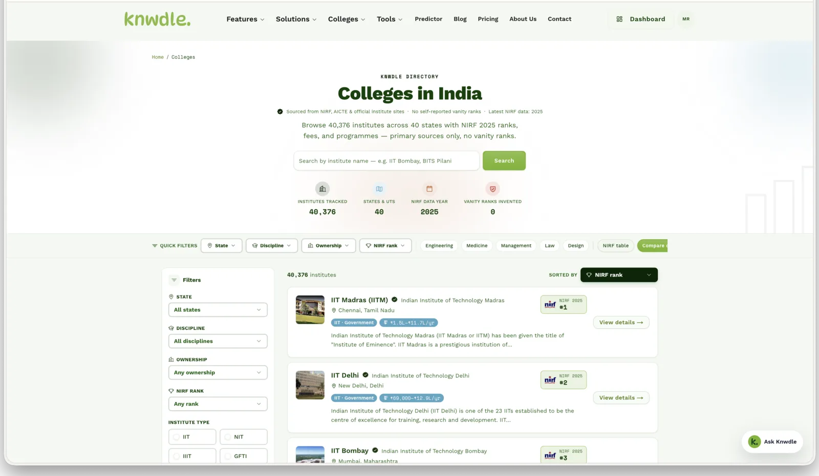 Knwdle public college directory — 40,376 institutes, faceted search